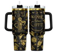 34HD Nightmare Before Coffee Tumbler 40oz with Handle and Straw, Laser Engraved Skeleton Insulated Travel Coffee Cup - Cartoon Character Gifts on Birthday for Cafe Lovers, Men & Women