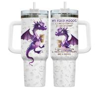 34HD Purple Dragon Tumbler with Handle & Straw, 40oz Stainless Steel Vacuum Insulated My Four Moods Coffee Mug, Dragon Gifts for Men Women Best Friend, Funny Birthday Gift Ideas