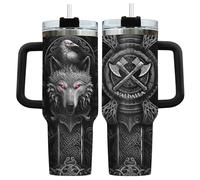 34HD Valhalla Wolf Tumbler 40oz with Handle and Straw, Norse Mythology Insulated Travel Coffee Mug, Father's Day Gifts for Scandinavian - Birthday Gifts for Papa, Men & Husband