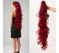 34inch Long Curly Clip-in Ponytail Hair Extension 85CM Synthetic Claw Clip High Ponytail Hairpiece (Wine Red)