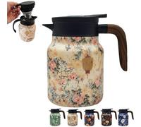 34OZ Stainless Steel Tea Thermoses with Infuser, Vintage Floral Pattern Thermal Coffee Carafe, Wooden Handle Teapot Tea Kettle Thermal Coffee Carafes for Keeping Hot Drinks