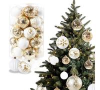 34Pcs/Box Christmas Balls 2.4" Shatterproof PVC Glitter Christmas Ball Ornaments with Hanging Loop for Holiday Party Xmas Tree Wreath Garland, White Gold, Xmas Decor