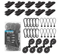 34pcs Heavy Duty Lock Grip Tarp Clips, Adjustable Screw Shark Teeth Design| Bungee Cords &Carabiners& Tarpaulin Clips for Fixing Tarps Outdoor Camping, Sun Shade Bird Net(PA Material)