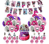 34PCS Monster H Birthday Decorations, Monster Party Decorations With Banner Monster Balloons Cake Topper Cupcake Toppers, Monster Girl Theme Party Supplies for Kids