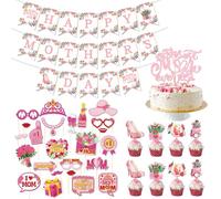 34Pcs Mother's Day Decoration Set Happy Mothers Day Banner Photo Booth Props Pink Set Best Mom Ever Cake Topper DIY Selfie Prop Party Supplies Mother’s Birthday Party Favor Decorations Mother Women