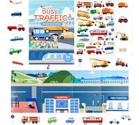 34PCS Reusable Sticker Book with Fold-Out Scenes, Vehicles Sticker for Kids 1-5 Years, Educational Travel Activity Pack