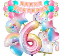 34pcs Unicorn Balloons, Party Decorations 6th Girls, Happy Birthday Banner Balloons Decorations for Girls, Age 6 Star Heart Rainbow Balloon, Unicorn Theme Balloons Banner Decoration for Kids Girl Baby