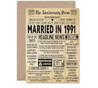 34th Anniversary Card for Men Women - Vintage Newspaper Married in 1991 - Happy 34 Year Wedding Anniversary Card for Companion Husband Partner Wife, A5 Anniversaries Greeting Cards