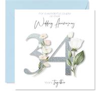 34th Anniversary Card for Women Men - Fancy Floral Flowers - Happy 34 Year Anniversary Card for Brother Sister Friends Family, 145mm Wedding Anniversaries Greeting Cards