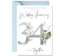 34th Anniversary Card for Women Men - Fancy Floral Flowers - Happy 34 Year Anniversary Card for Wife Husband Companion Boyfriend, A5 Wedding Anniversaries Greeting Cards