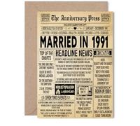 34th Anniversary Card for Women Men - Vintage Newspaper Married in 1991 - Happy 34 Year Wedding Anniversary Card for Wife Partner Husband Companion, 5x7 Inch Anniversaries Greeting Cards