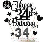 34th Birthday Cake Decorations Set Include 34th Birthday Candles Numeral 34 Cake Candles and Happy 34th Birthday Cake Toppers with Heart Star Cupcake Picks for Birthday Party (Black Serise)