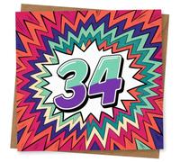 34th Birthday Card, 34th Birthday Card for Him or Her, Colourful Retro Comic Style Number 34 Design, Fun Age Greeting