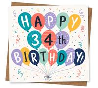 34th Birthday Card, 3rd 4th Birthday Card for Child, Happy Balloon Design, Colourful Celebration for Kids