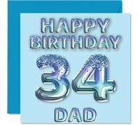 34th Birthday Card for Dad, Blue Glitter Party Balloons