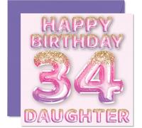 34th Birthday Card for Daughter, Pink & Purple Glitter Balloons