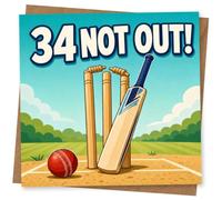 34th Birthday Card for Her, 34 Not Out Cricket Scene | Features “34 NOT OUT!” with wicket stumps, leaning bat and red cricket ball on the pitch-fun 34th birthday for her.