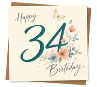 34th Birthday Card for Her, Bold 34, Florals & Butterfly | Pretty floral butterfly design featuring a bold 34th message and elegant script-made for her 34th birthday.