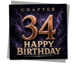 34th Birthday Card for Her, Chapter 34 Purple Lightning | For her 34th: dramatic purple lightning with large gold-style Chapter 34 lettering to really stand out.