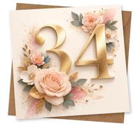 34th Birthday Card for Her - Elegant Floral Number Card with Gold Effect Design