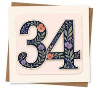 34th Birthday Card for Her, Floral 34 in Navy Lilac Coral | Celebrate her 34th with large navy “34” filled with lilac and coral florals on a blush background.