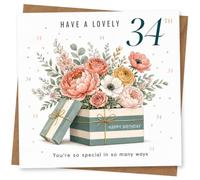 34th Birthday Card for Her, Floral Gift Box & Pastels | Celebrate her 34th with a striped gift box of pastel blooms, plus “Have A Lovely 34th”