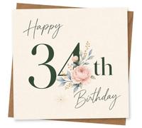 34th Birthday Card for Her, Green, Soft Pink Florals | Flowing script and deep green 34th number styling, finished with soft floral artwork-made for her 34th.