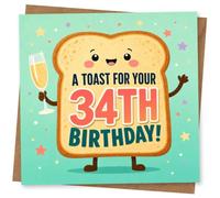 34th Birthday Card for Her, Toast Character & Party Pop | Her 34th, toasted: cute bread character with a champagne glass and bold party wording on a bright confetti background.