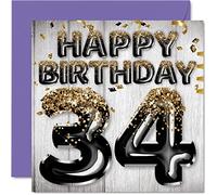 34th Birthday Card for Men - Black & Gold Glitter Balloons - Happy Birthday Cards for 34 Year Old Man Friend Brother Dad Uncle, 145mm Bday Greeting Cards Gift