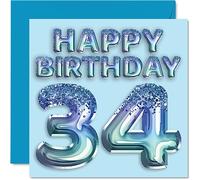 34th Birthday Card for Men - Blue Glitter Party Balloon - Happy Birthday Cards for 34 Year Old Man Brother Friend Uncle Dad, 145mm Bday Greeting Cards Gift