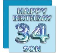 34th Birthday Card for Son, Blue Glitter Party Balloons