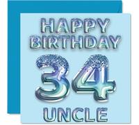 34th Birthday Card for Uncle - Blue Glitter Party Balloons - Happy Birthday Cards for 34 Year Old Uncle from Nephew Niece, 145mm Bday Greeting Cards Gift