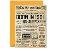 34th Birthday Card for Women Men - Bday Press Newspaper 1991 - Happy 34 Birthday Cards for Daughter Brother Sister Nephew Wife Friend, 5x7 Inch Bday Greeting Cards