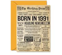 34th Birthday Card for Women Men - Bday Press Newspaper 1991 - Happy 34 Birthday Cards for Friend Neighbour Niece Nephew Cousin Uncle, A5 Bday Greeting Cards