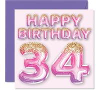 34th Birthday Card for Women - Pink & Purple Glitter Balloons - Happy Birthday Cards for 34 Year Old Woman Friend Sister Mum Auntie, 145mm Bday Greeting Cards Gift