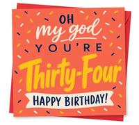 34th Birthday Card, ‘Oh My God’ Confetti Typography | Bright confetti sprinkles and the cheeky words “Oh my god you’re Thirty-Four” with a bold “Happy Birthday!” for 34th.