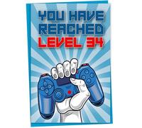 34th Birthday Card, You Have Reached Level 34, Greeting Card for Thirty-Four Year Old Gamer Birthday Gift for Adult Son or Daughter, For Him Her Grandson Granddaughter, Blue