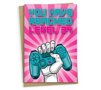 34th Birthday Card, You Have Reached Level 34, Greeting Card for Thirty-Four Year Old Gamer Birthday Gift for Adult Son or Daughter, For Him Her Grandson Granddaughter, Pink