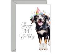 34th Birthday Cards for Men Women - Party Dog - Happy Birthday Card for 34 Year Old Man Woman Brother Sister Son Daughter Uncle Auntie Cousin, 5x7 Inch Bday Greeting Cards