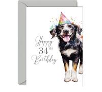 34th Birthday Cards for Men Women - Party Dog - Happy Birthday Card for 34 Year Old Man Woman Brother Sister Son Daughter Uncle Auntie Cousin, A5 Bday Greeting Cards