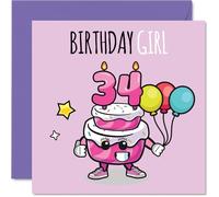 34th Birthday Cards for Women - Birthday Cake Girl Balloons - Happy Birthday Card for 34 Year Old Woman Auntie Colleague Cousin Neighbour, 145mm Bday Greeting Cards