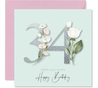34th Birthday Cards for Women - Fancy Floral Flowers - Happy Birthday Card for 34 Year Old Woman Friend Sister Neighbour Auntie, 145mm Bday Greeting Cards