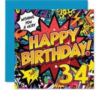 34th Birthday Cards for Women Men - Comic Book Pow! - Happy Birthday Card for 34 Year Old Woman Man Son Colleague Daughter Neighbour, 145mm Bday Greeting Cards
