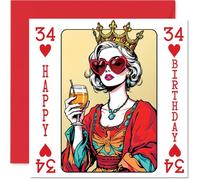 34th Birthday Cards for Women - Queen Playing Card - Happy Birthday Card for 34 Year Old Woman Sister Colleague Cousin Niece, 145mm Bday Greeting Cards