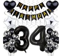34th Birthday Decoration for Men and Women - Black, White, and Silver Balloon Party Supplies