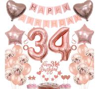 34th Birthday Decoration Woman - Cake, Gift, Rose Gold Balloons - 34 Years Anniversary