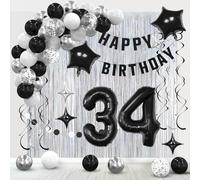34th Birthday Decorations for Men Women- Black Silver Happy 34th Birthday Party Decor With Banner Backdrop,Number 34 Foil Balloon -Black White Balloons Garland Arch Kit for 34 Years Old Anniversary