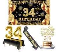 34th Birthday Decorations Men Women with 34th Birthday Banner, Black and Gold Table Cloth, Number Balloons, Large Sash, Cake Topper and Candles