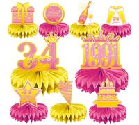 34th Birthday Decorations Set, 1991 Table Toppers for Women Birthday Party Supplies, Happy 34 Year Old Table Decoration for Her, 9Pcs Pink & Gold Honeycomb Centerpieces