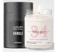 34th Birthday Gifts - Luxury Soy Wax Candle - Vanilla, Jasmine, Sugared Almond - Makester